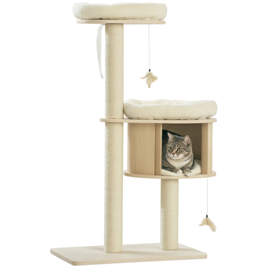  Cat Tree, 3 Level Cat Tower with Scratching Posts, Bed, Condo, Badminton Toys, for Multiple Kittens — Cat Trees & Condos | G