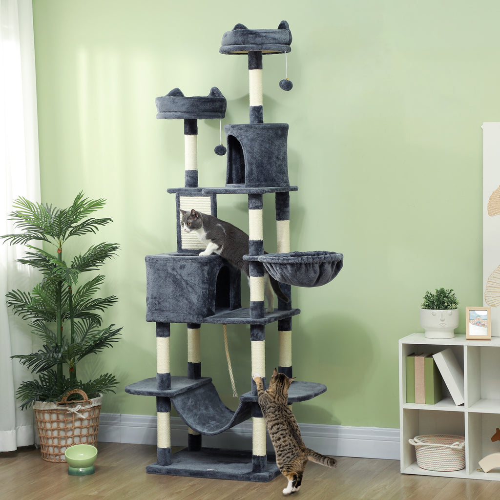  81" Cat Tree w/ Cat Scratching Posts, Scratching Board, Condos, Beds, Hammocks, Toy Balls, Rope Cat Toy, Gray — Cat Trees & 