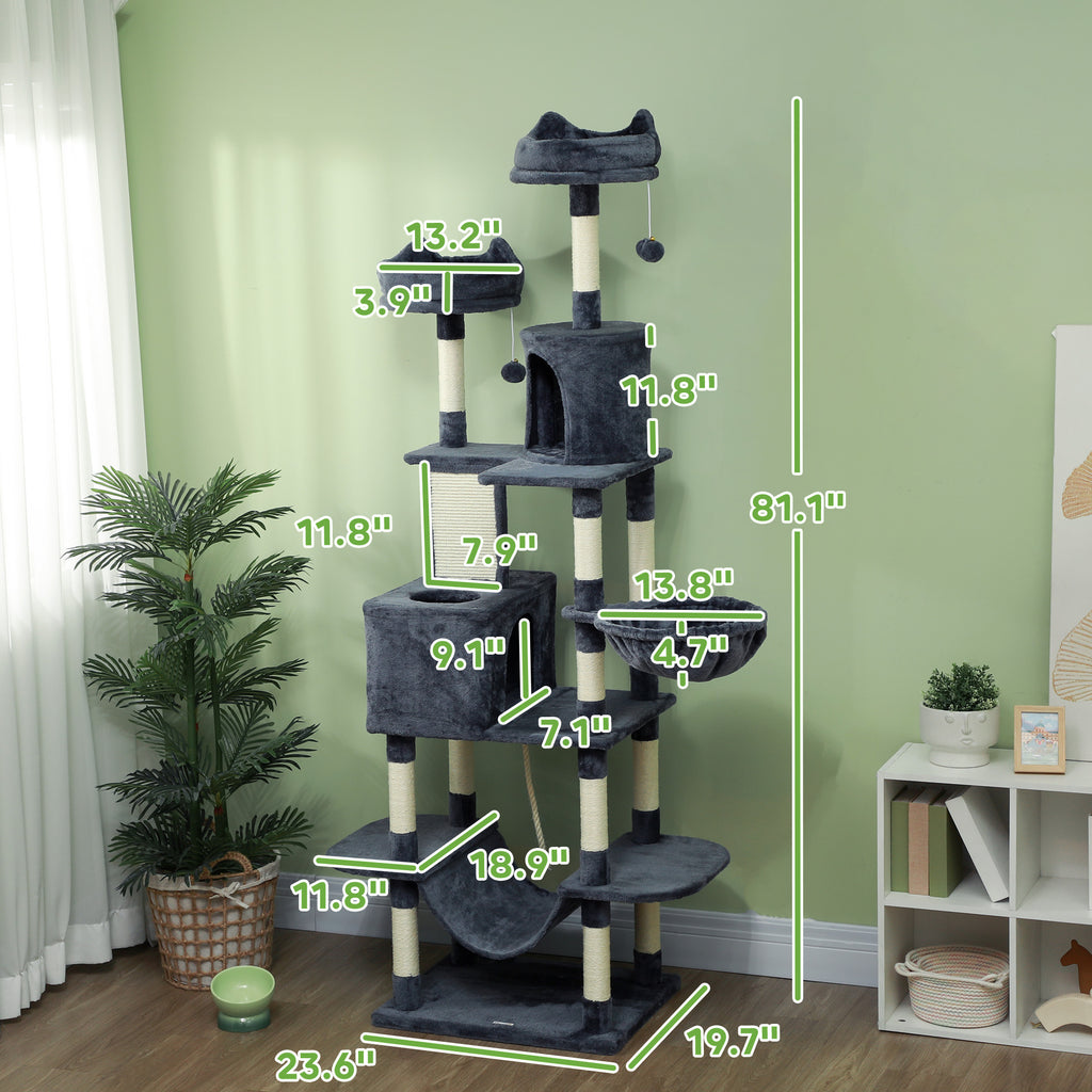  81" Cat Tree w/ Cat Scratching Posts, Scratching Board, Condos, Beds, Hammocks, Toy Balls, Rope Cat Toy, Gray — Cat Trees & 