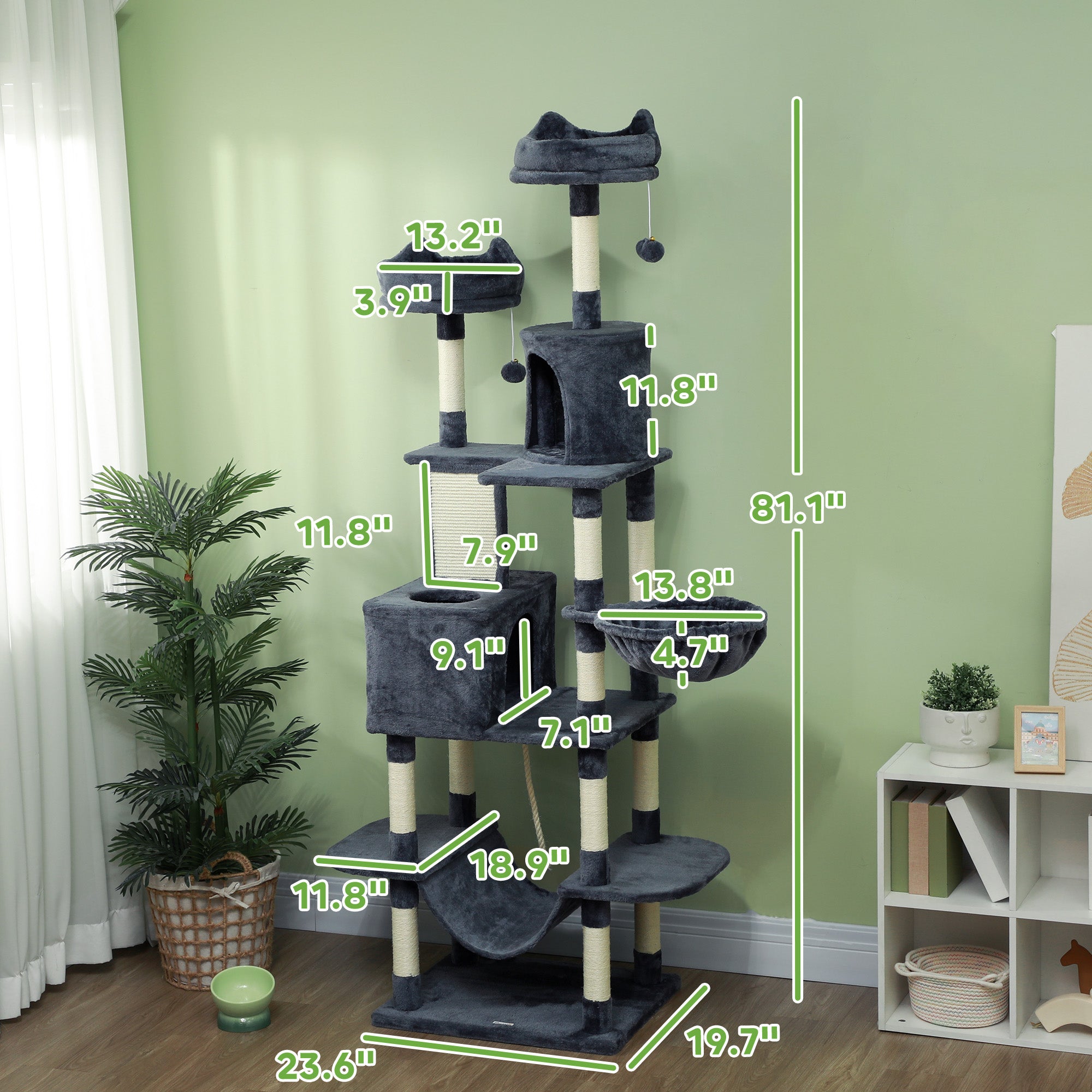  81" Cat Tree w/ Cat Scratching Posts, Scratching Board, Condos, Beds, Hammocks, Toy Balls, Rope Cat Toy, Gray — Cat Trees & 