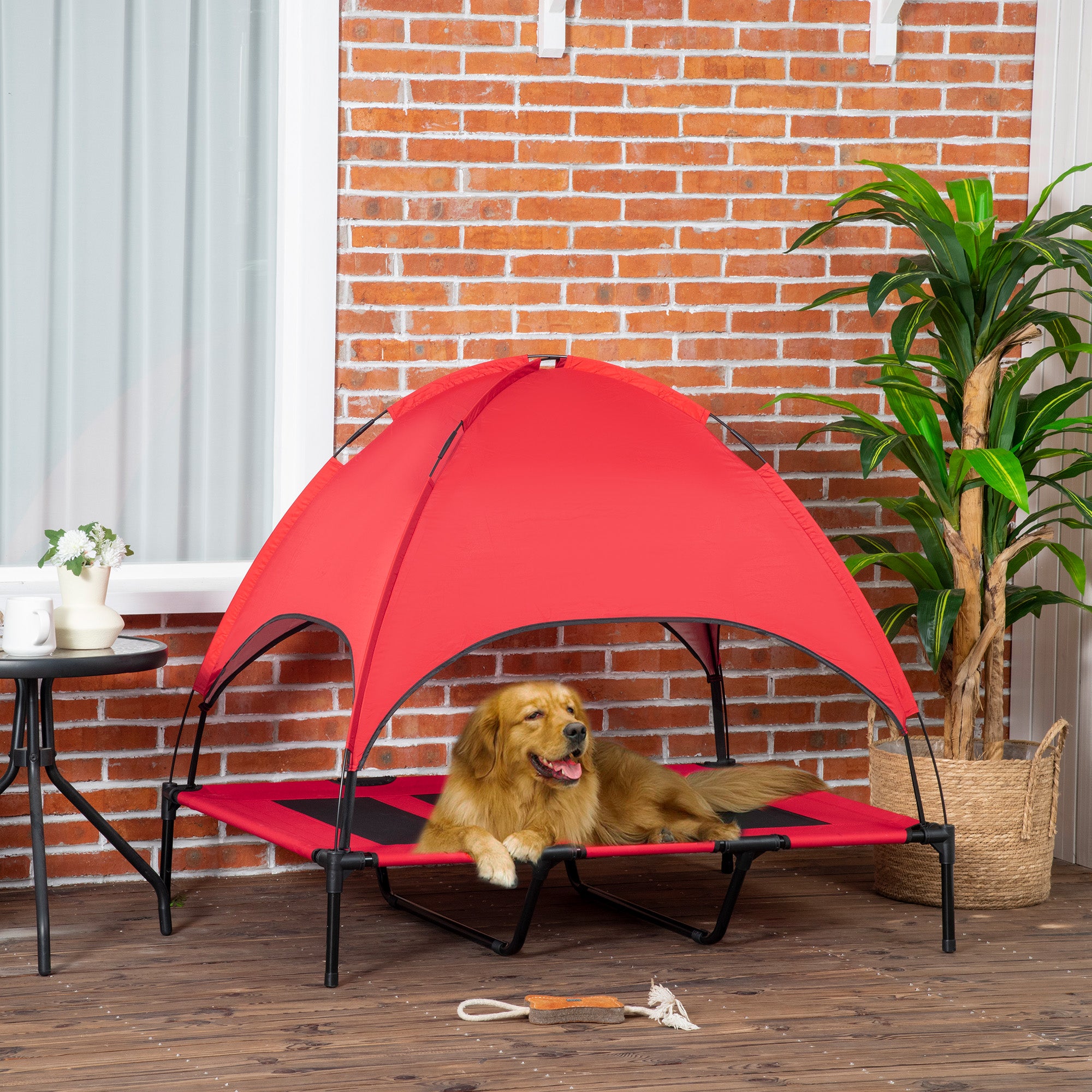  48" x 36" Elevated Portable Dog Cot Cooling Pet Bed with UV Protection Canopy Shade, Red — Dog Beds | GetPawsy
