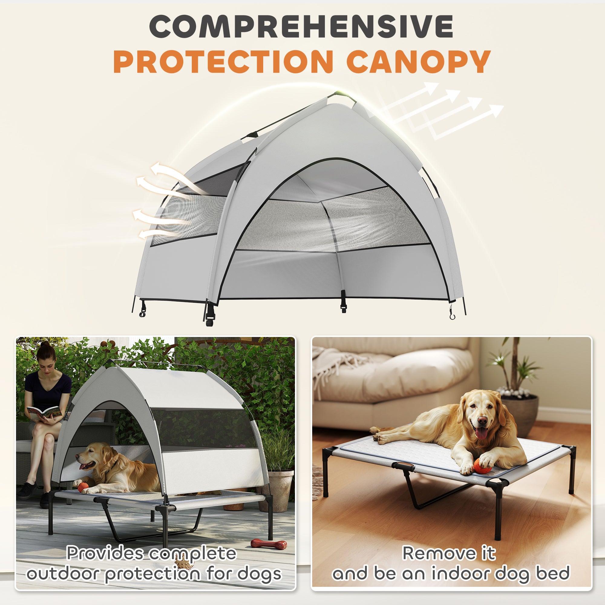  Elevated Dog Bed with Removable Canopy, Portable Outside Raised Pet Cot with Cooling Pad, Storage Bag, 36" x 29.5" x 35" — D