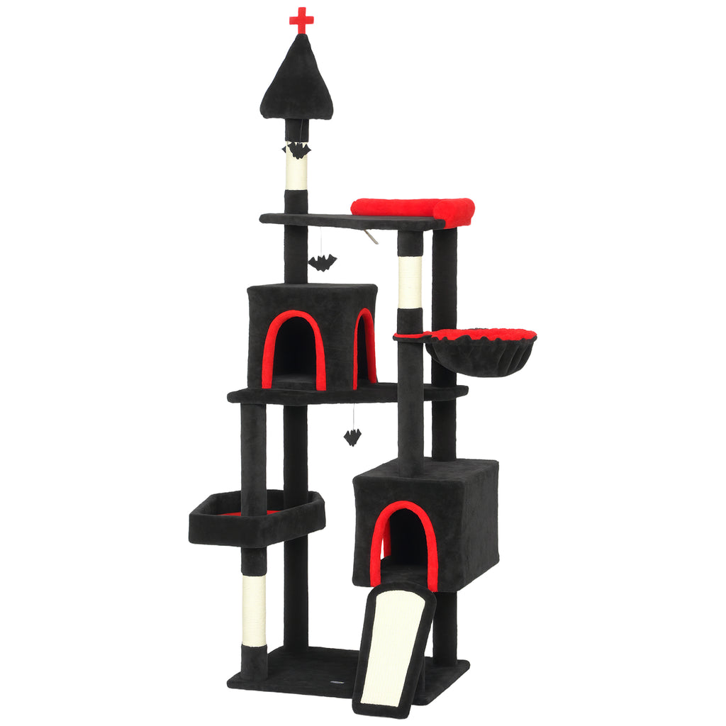  78" Gothic Cat Tree, Cat Tower with Coffin Bed, 2 Spacious Condos, Sisal Scratching Posts, Bat Hanging Balls, Halloween — Ca