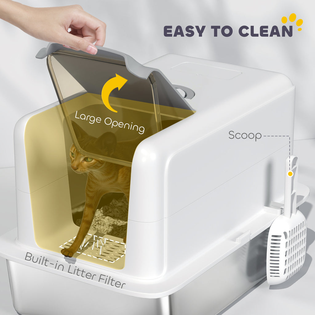  2 in 1 Stainless Steel Cat Litter Box with Removable Lid, Scoop, Filter Bags, for Small to Large Cats, White — Cat Litter Bo