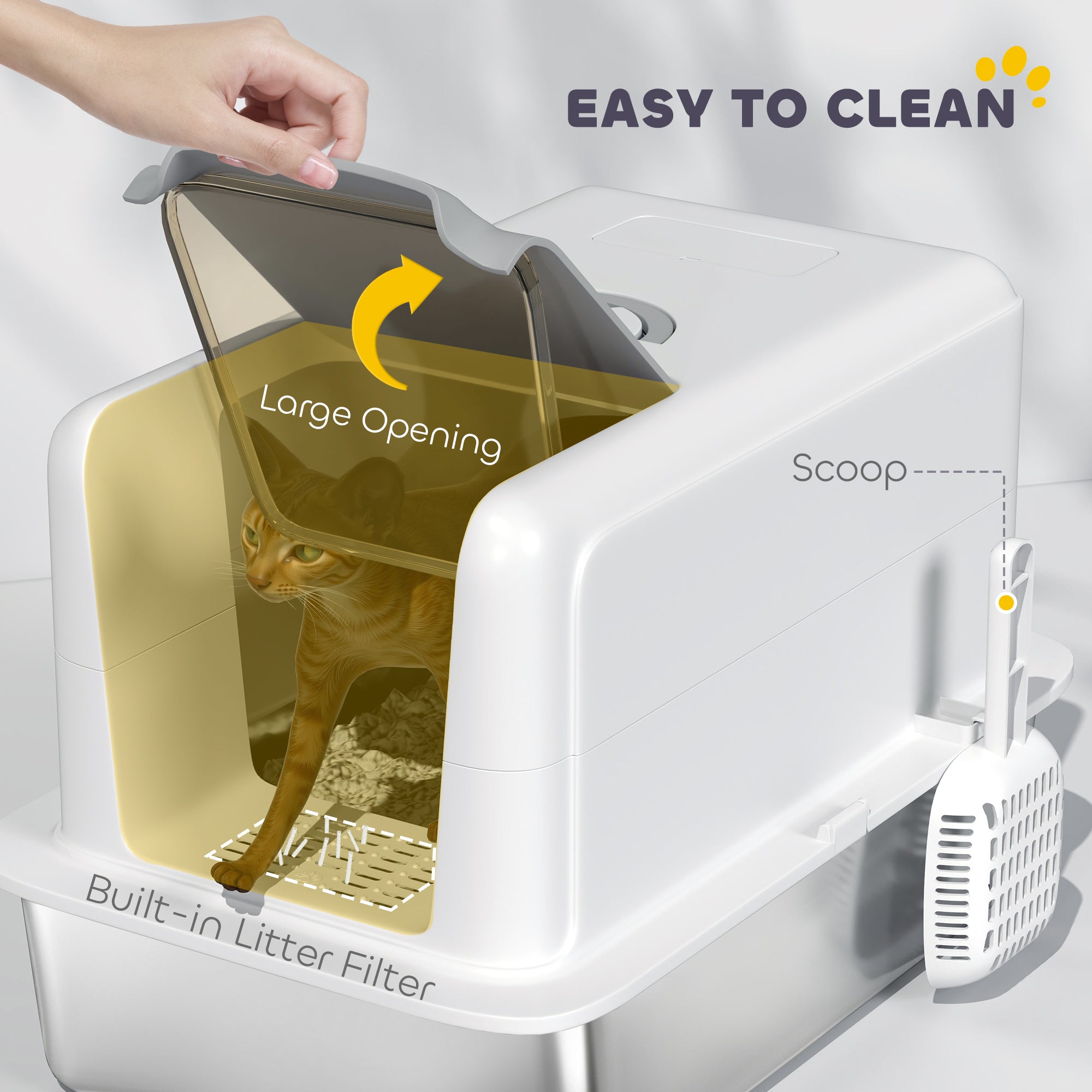  2 in 1 Stainless Steel Cat Litter Box with Removable Lid, Scoop, Filter Bags, for Small to Large Cats, White — Cat Litter Bo