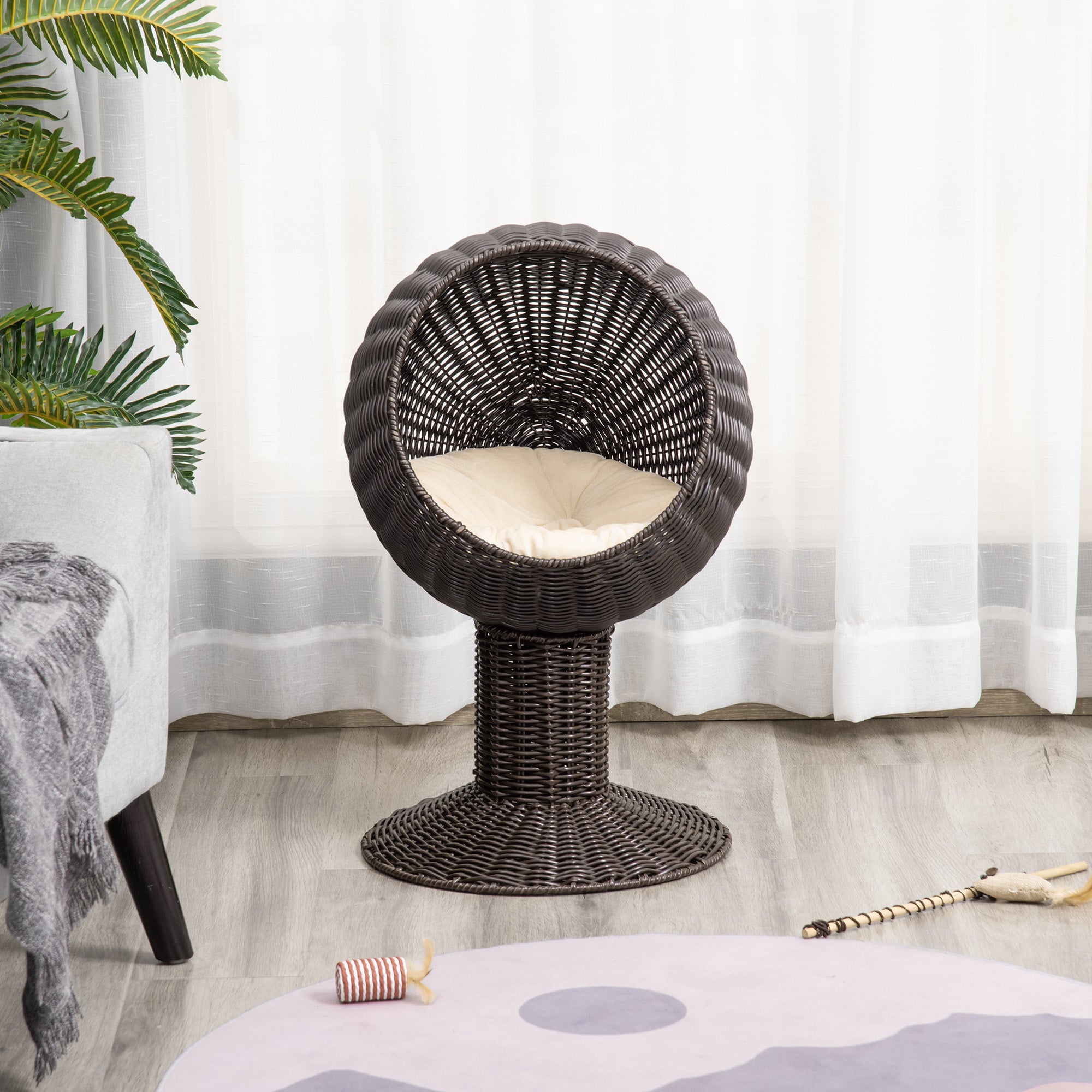  Elevated Cat Bed with Rotatable Egg Chair Pod, Cat Basket Bed with Thick Cushion, Natural Mat Grass Woven Kitty House, Coffe