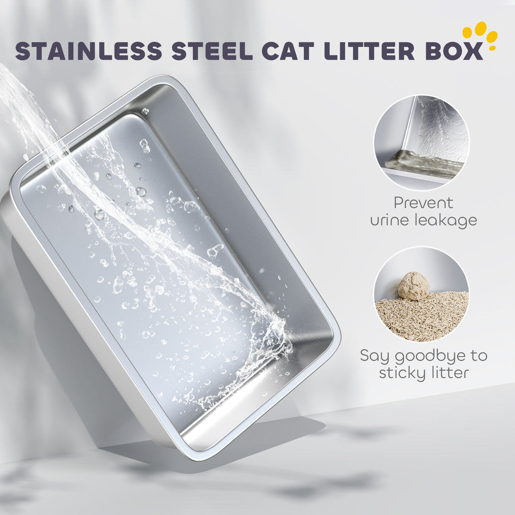  2 in 1 Stainless Steel Cat Litter Box with Removable Lid, Scoop, Filter Bags, for Small to Large Cats, White — Cat Litter Bo
