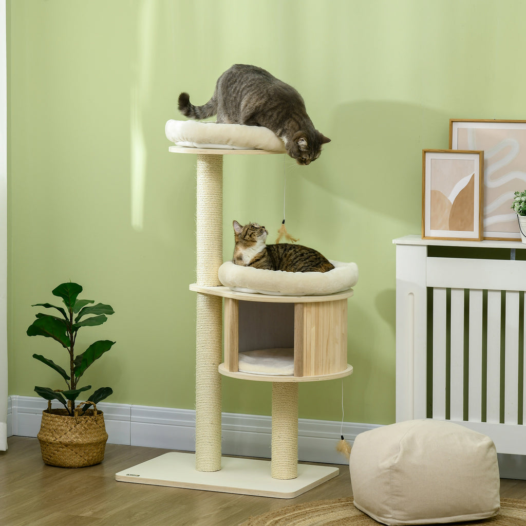  Cat Tree, 3 Level Cat Tower with Scratching Posts, Bed, Condo, Badminton Toys, for Multiple Kittens — Cat Trees & Condos | G