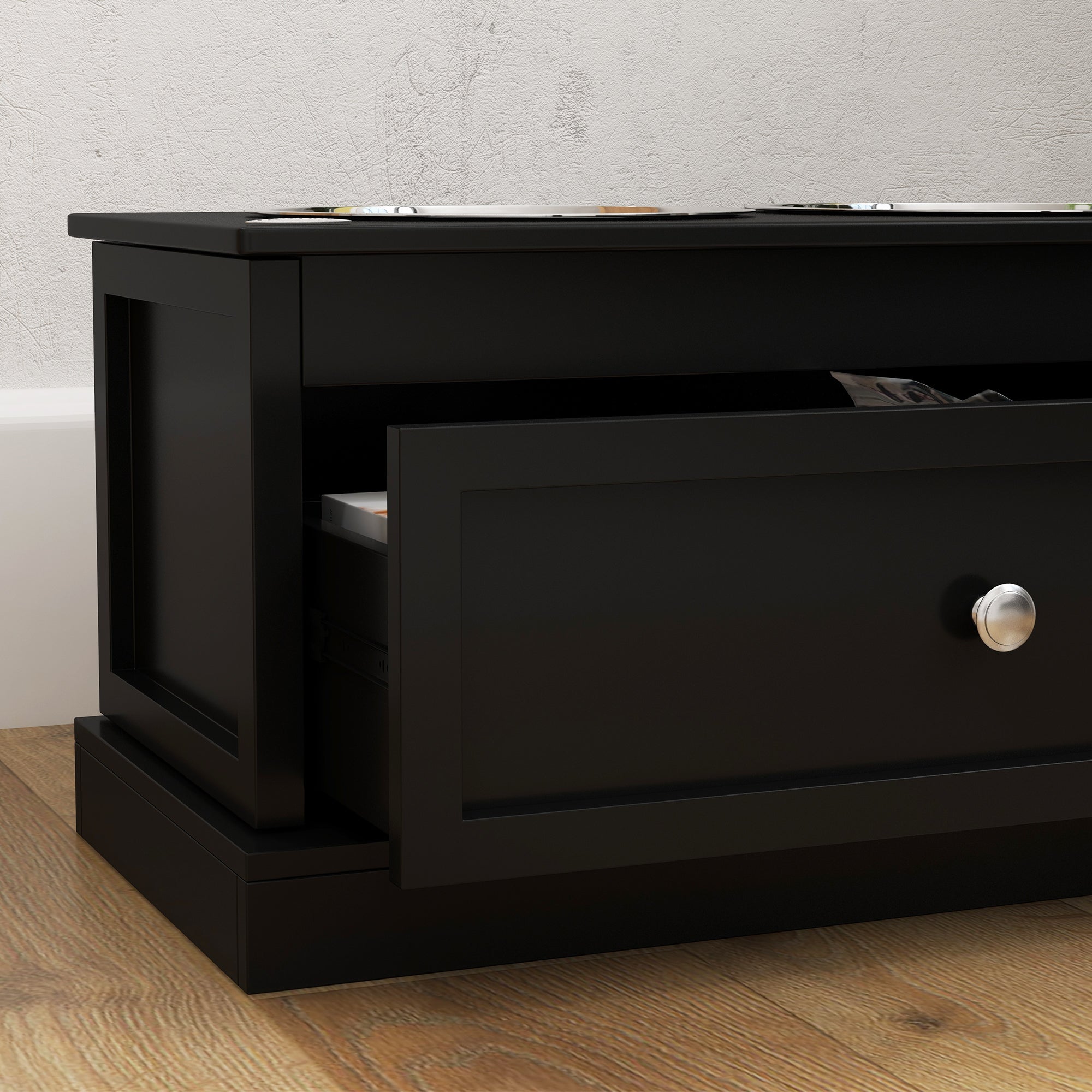  Elevated Dog Bowls with Storage Drawer, Raised Dog Bowl Stand Pet Food Bowl Dog Feeding Station, Black — Dog Bowls & Feeders
