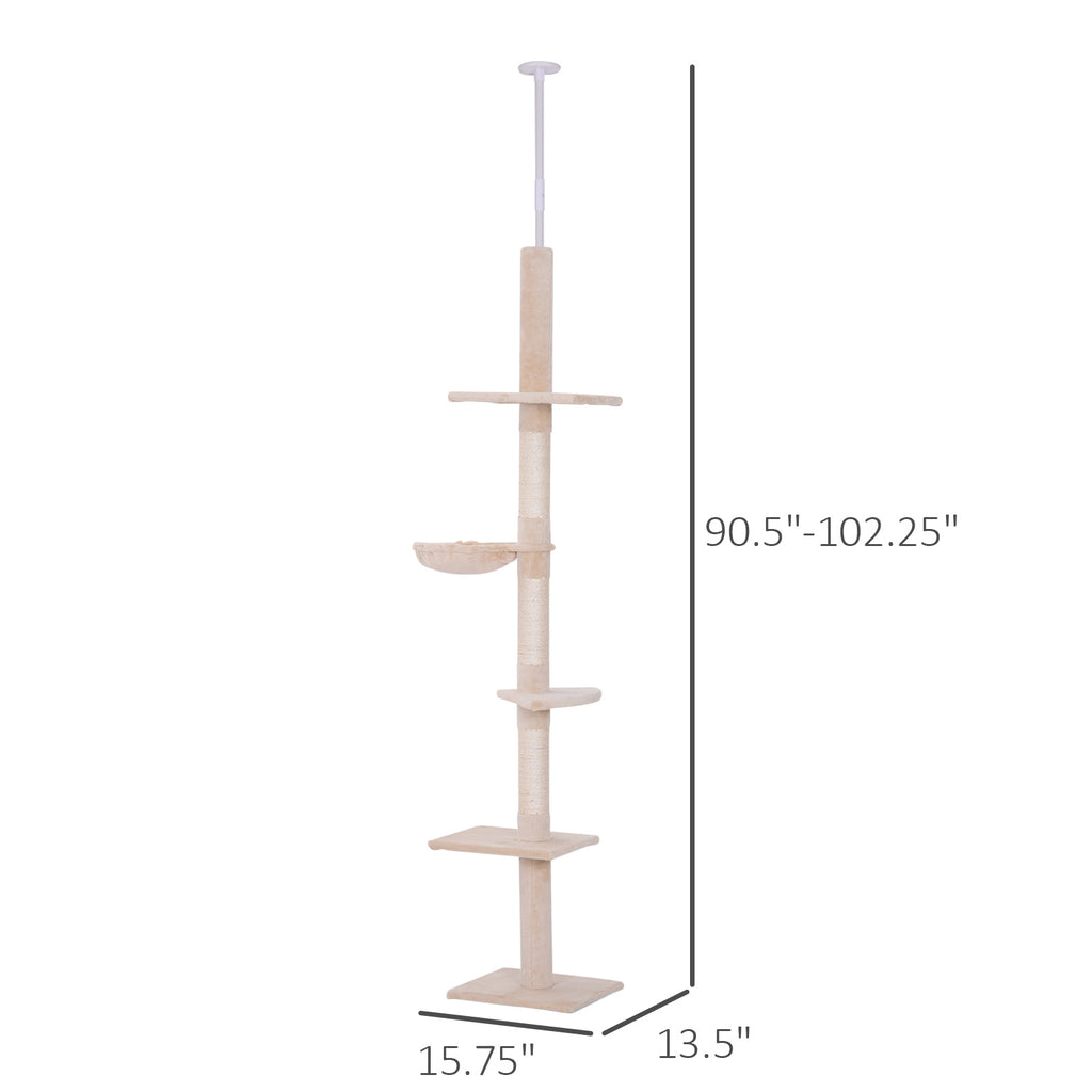  102" Adjustable Height Floor to Ceiling Cat Tree, 5 Level Cat Tower with Scratching Posts, Hammock, Beige — Cat Trees & Cond