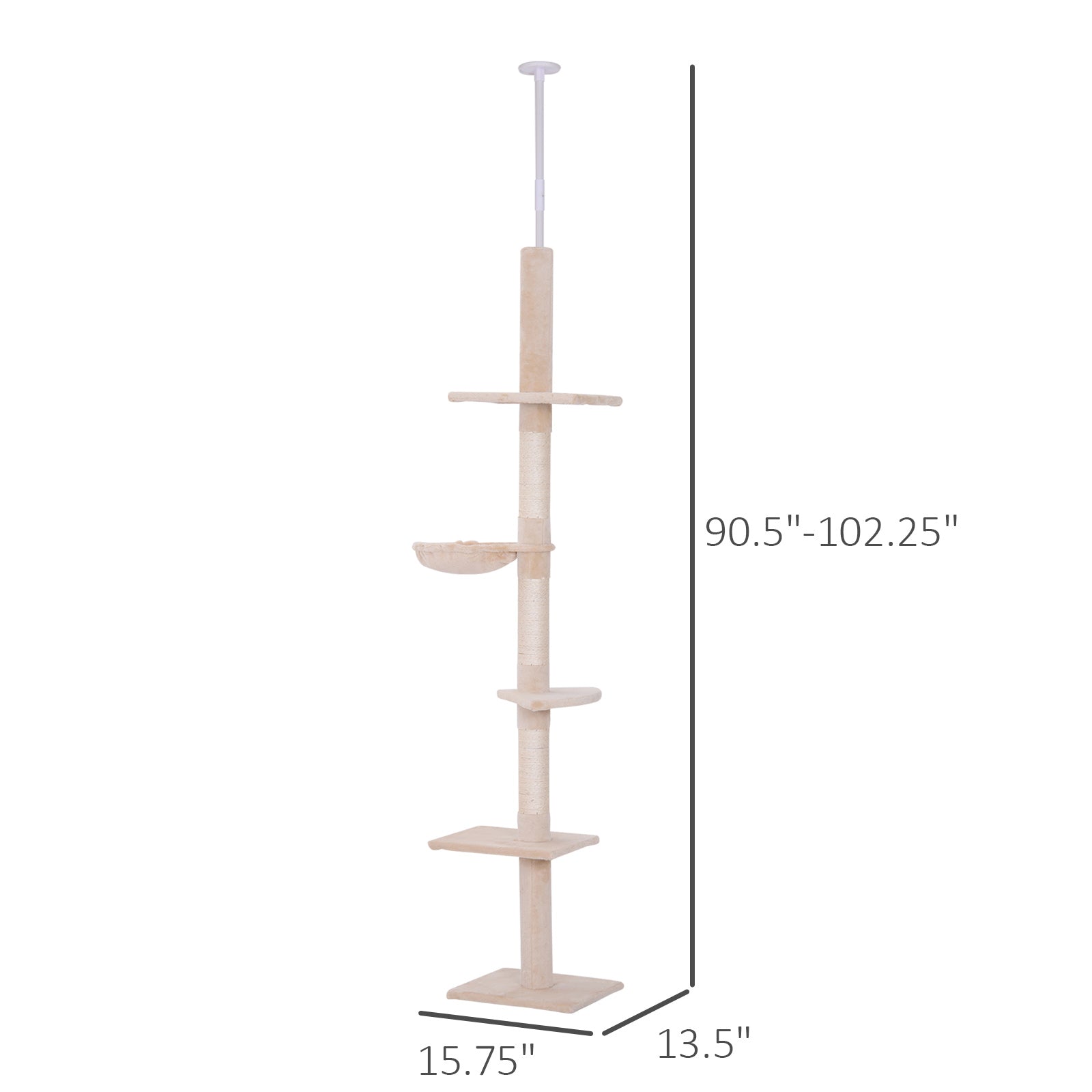  102" Adjustable Height Floor to Ceiling Cat Tree, 5 Level Cat Tower with Scratching Posts, Hammock, Beige — Cat Trees & Cond