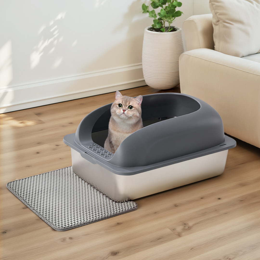 Stainless Steel Cat Litter Box With Lid, Large Cat Litter Box For Big Cats, Scoop And Mat Included — Cat Litter Boxes | GetPa