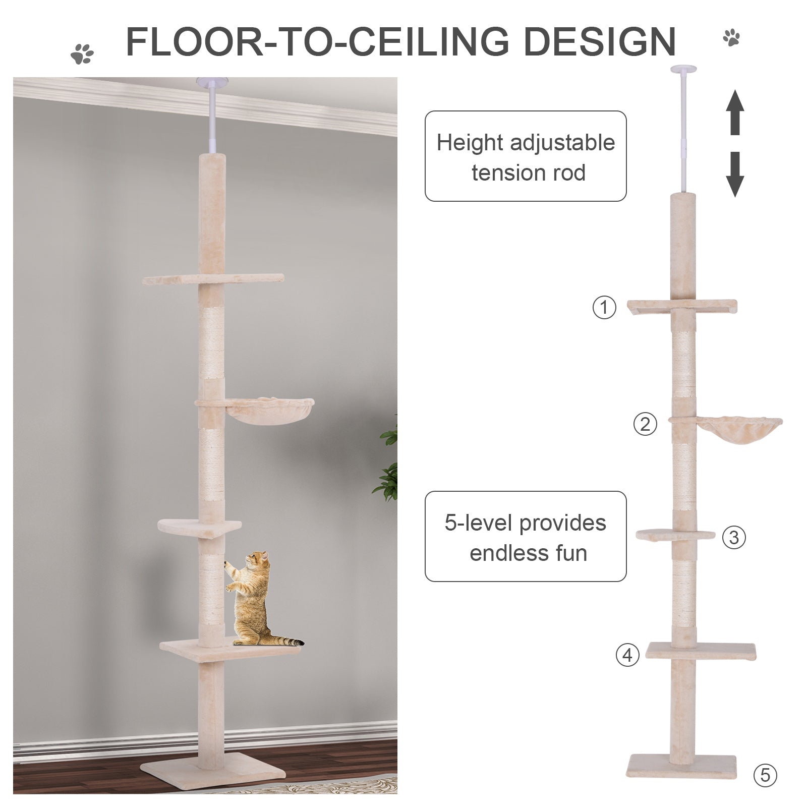  102" Adjustable Height Floor to Ceiling Cat Tree, 5 Level Cat Tower with Scratching Posts, Hammock, Beige — Cat Trees & Cond