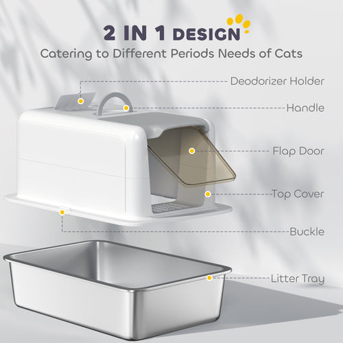  2 in 1 Stainless Steel Cat Litter Box with Removable Lid, Scoop, Filter Bags, for Small to Large Cats, White — Cat Litter Bo