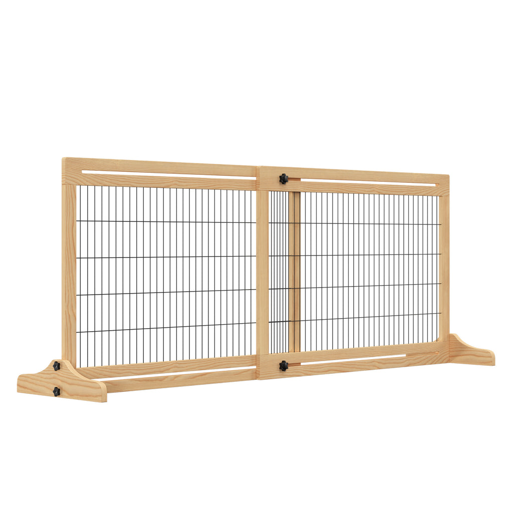  71" W x 27" H Extra Wide Freestanding Pet Gate with Adjustable Length Dog, Cat, Barrier for House, Doorway, Hallway, Natural