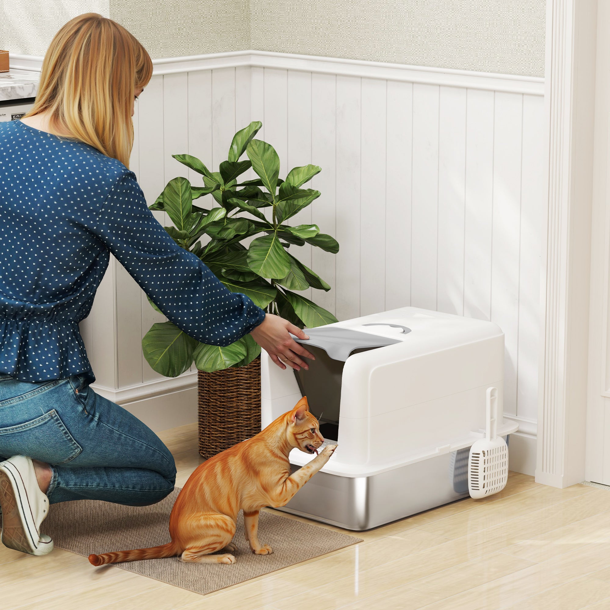  2 in 1 Stainless Steel Cat Litter Box with Removable Lid, Scoop, Filter Bags, for Small to Large Cats, White — Cat Litter Bo