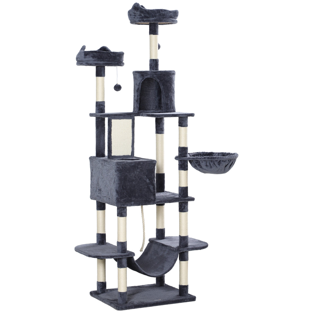  81" Cat Tree w/ Cat Scratching Posts, Scratching Board, Condos, Beds, Hammocks, Toy Balls, Rope Cat Toy, Gray — Cat Trees & 