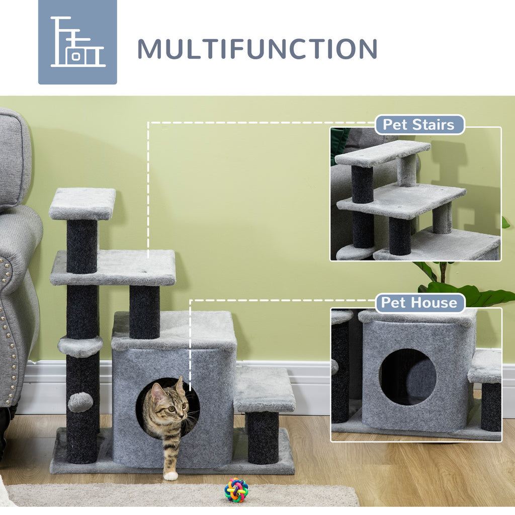  Adjustable Height 3 Step/4 Step Cat Stairs with Cat Scratching Post, Cat Condo, Toy Ball, for Bed, Sofa, Couch, Gray — Cat H