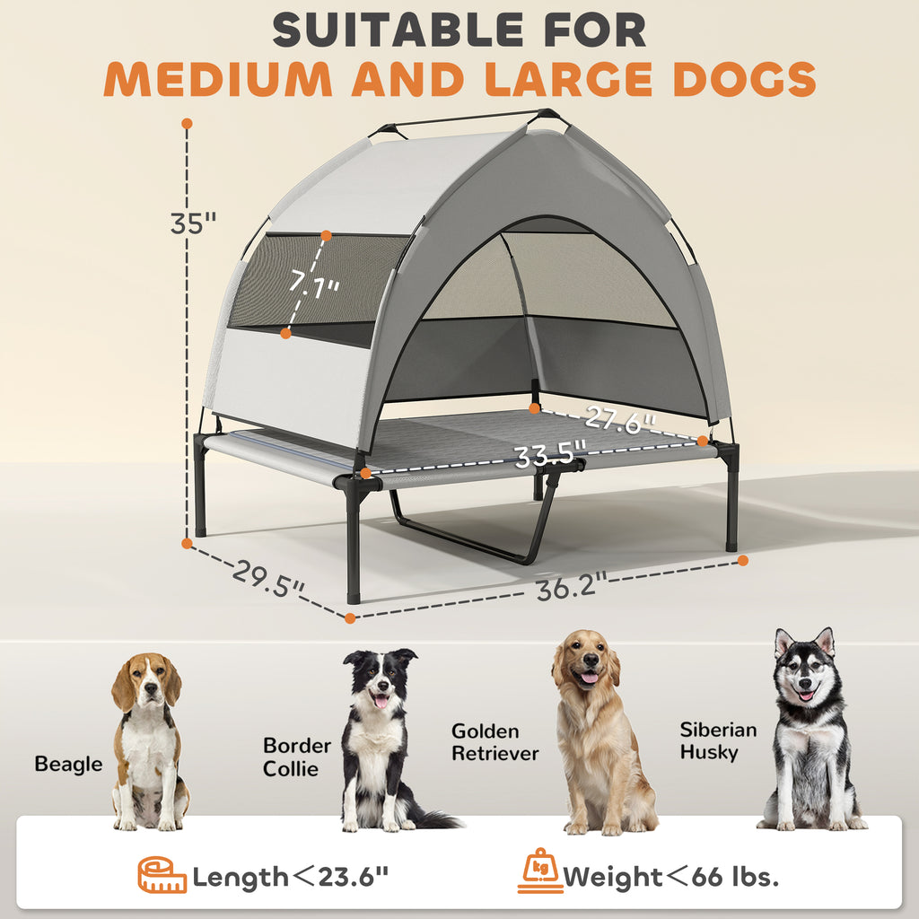  Elevated Dog Bed with Removable Canopy, Portable Outside Raised Pet Cot with Cooling Pad, Storage Bag, 36" x 29.5" x 35" — D