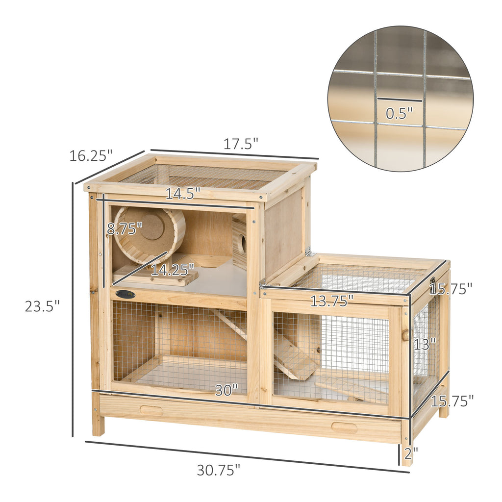  2-Tier Wooden Hamster Cage, Small Animals Hutch, w/ Seesaw, Tray — Hamster Cages | GetPawsy