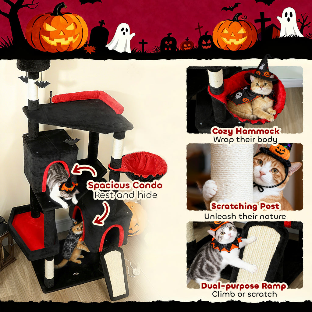  78" Gothic Cat Tree, Cat Tower with Coffin Bed, 2 Spacious Condos, Sisal Scratching Posts, Bat Hanging Balls, Halloween — Ca