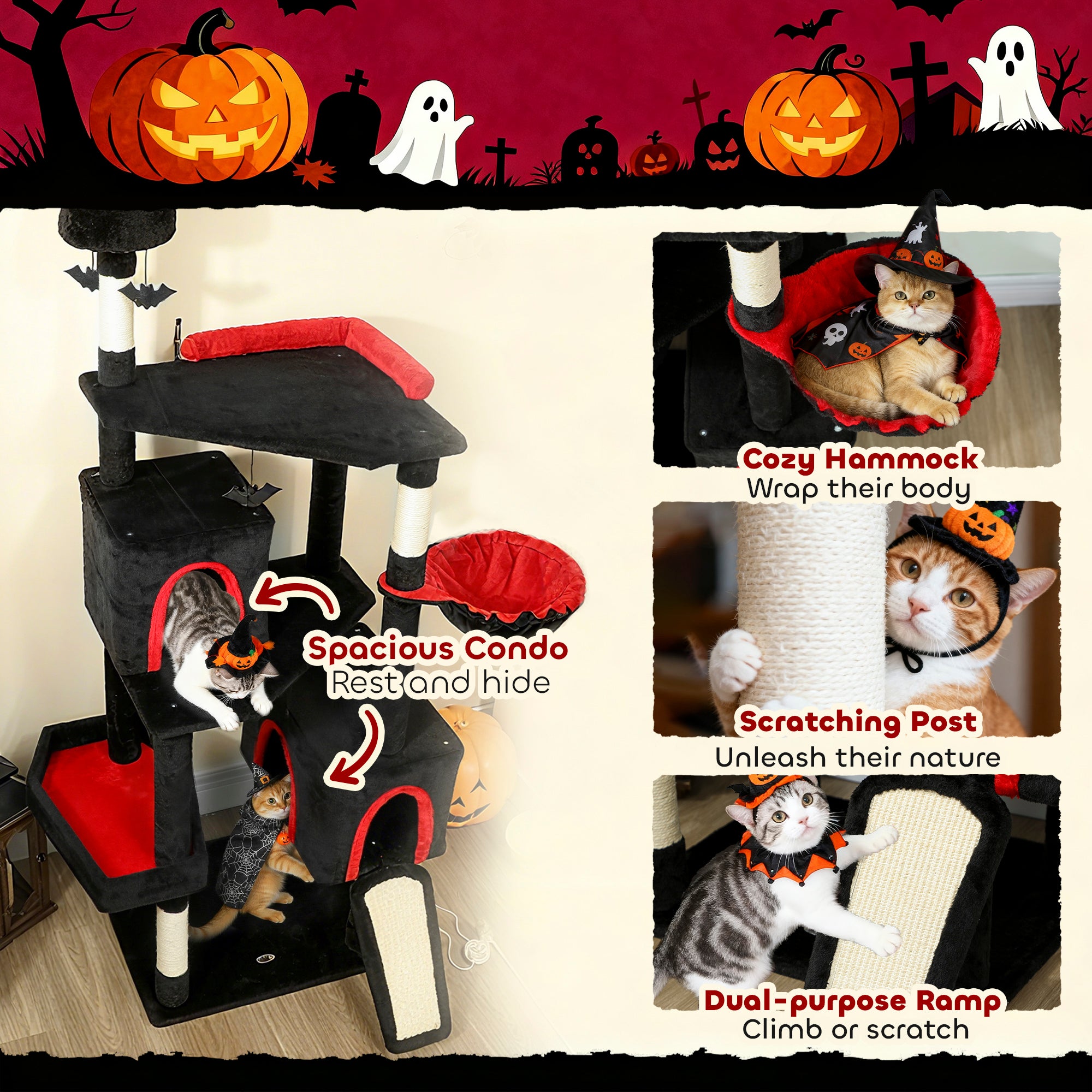  78" Gothic Cat Tree, Cat Tower with Coffin Bed, 2 Spacious Condos, Sisal Scratching Posts, Bat Hanging Balls, Halloween — Ca