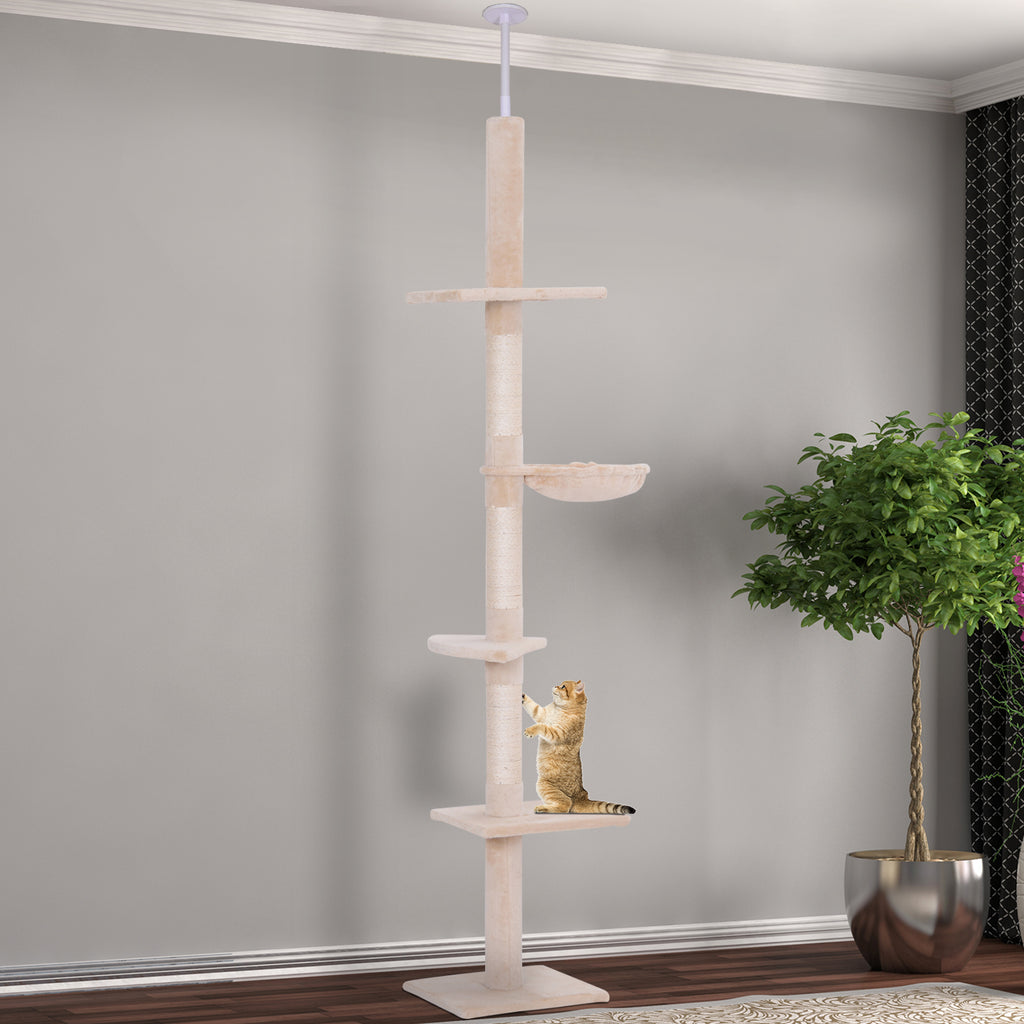  102" Adjustable Height Floor to Ceiling Cat Tree, 5 Level Cat Tower with Scratching Posts, Hammock, Beige — Cat Trees & Cond