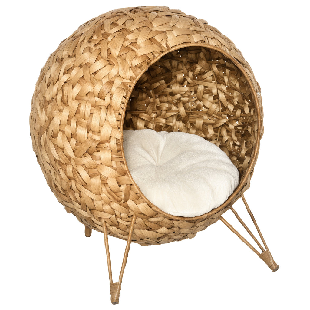  20.5" Weaved Cat Bed, Elevated Hand-woven Braided Banana Leaf Kitten House Condo with Cushion, Natural — Cat Beds | GetPawsy