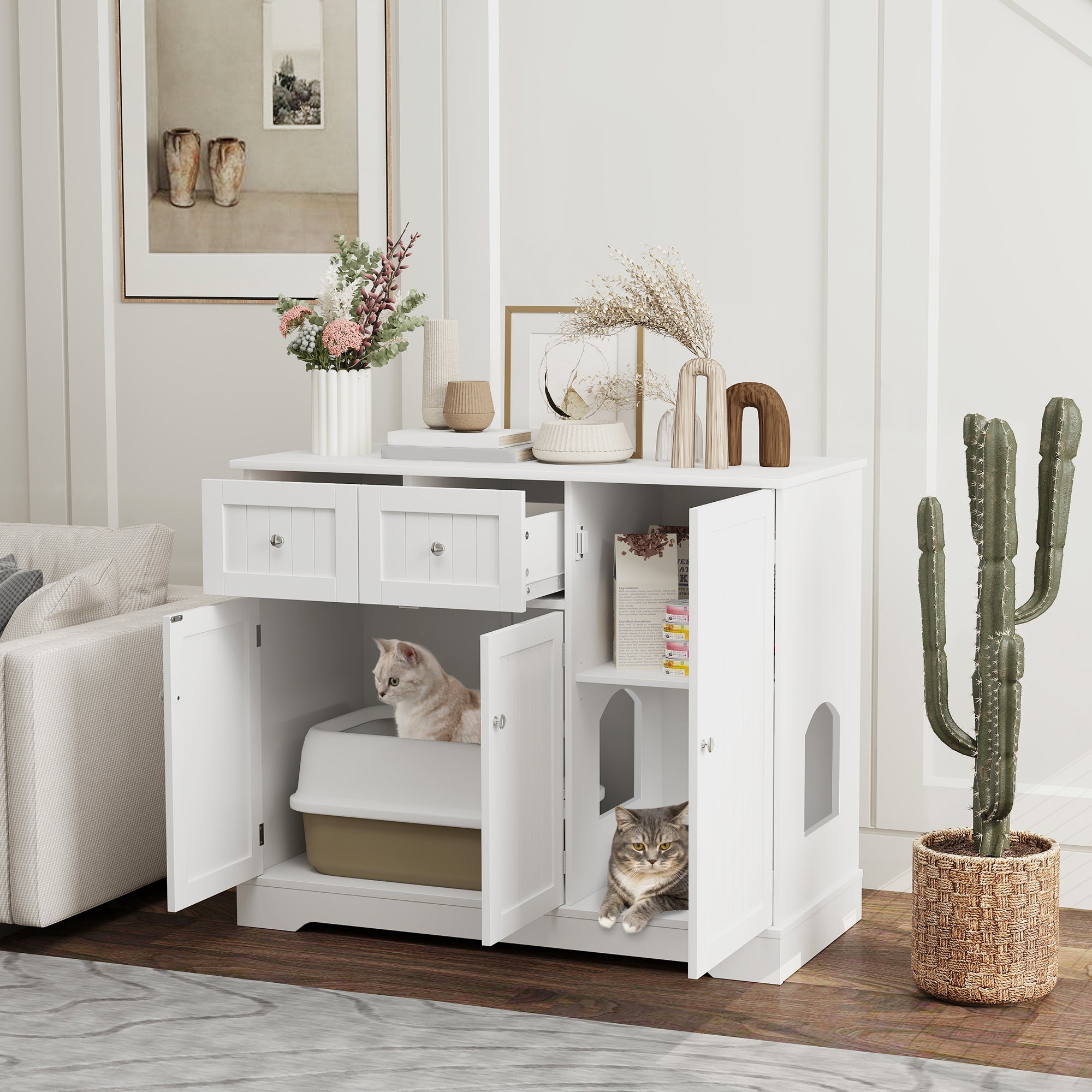  Cat Litter Box Enclosure with Drawers, Storage, Anti-tip Kit, 39" x 18" x 31.5", White — Cat Litter Boxes | GetPawsy