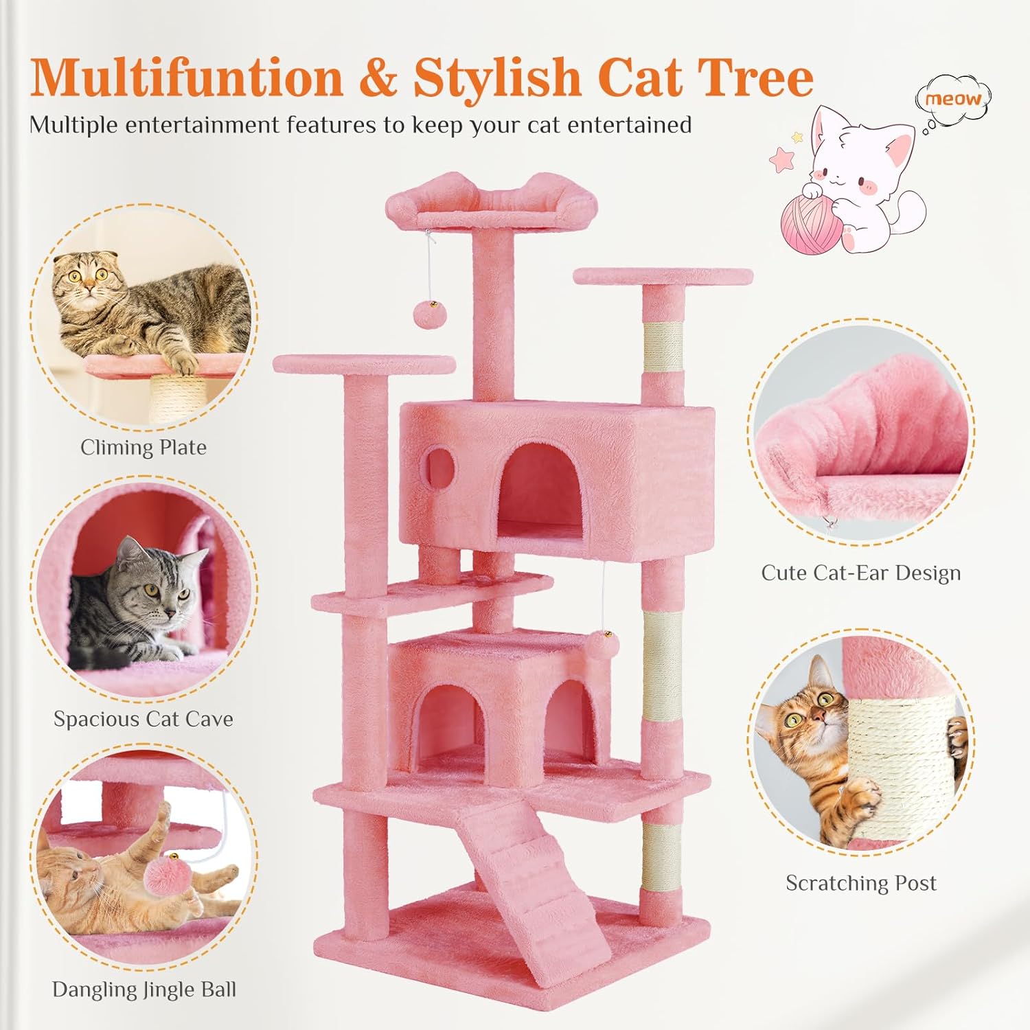 54 -Cat Tree Tower - Multi-level With Sisal Grab Post, Indoor Apartment With Ladder, Plush Toys, Rest And Play — Cat Trees & 