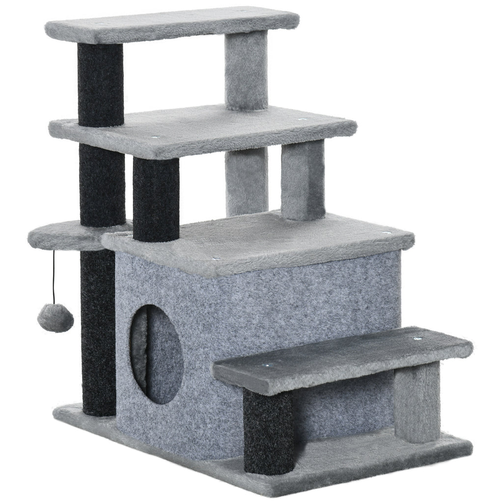  Adjustable Height 3 Step/4 Step Cat Stairs with Cat Scratching Post, Cat Condo, Toy Ball, for Bed, Sofa, Couch, Gray — Cat H