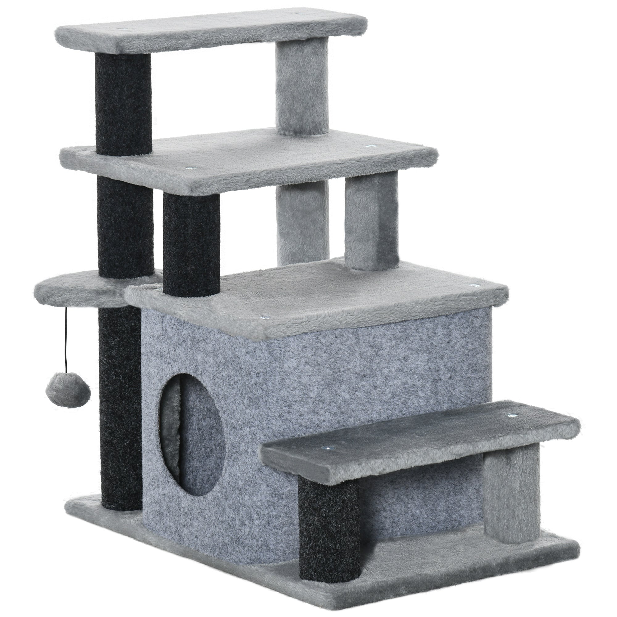  Adjustable Height 3 Step/4 Step Cat Stairs with Cat Scratching Post, Cat Condo, Toy Ball, for Bed, Sofa, Couch, Gray — Cat H