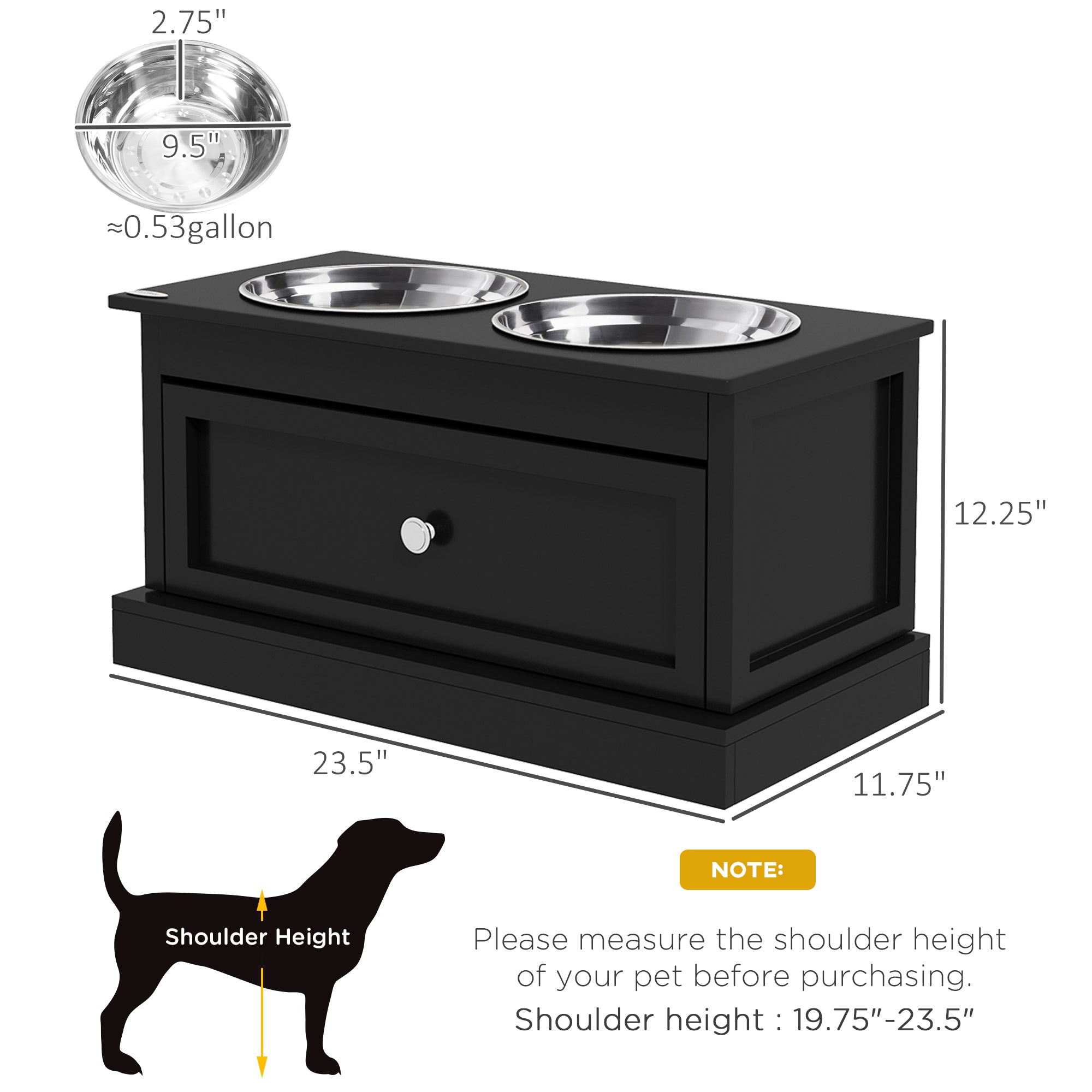  Elevated Dog Bowls with Storage Drawer, Raised Dog Bowl Stand Pet Food Bowl Dog Feeding Station, Black — Dog Bowls & Feeders
