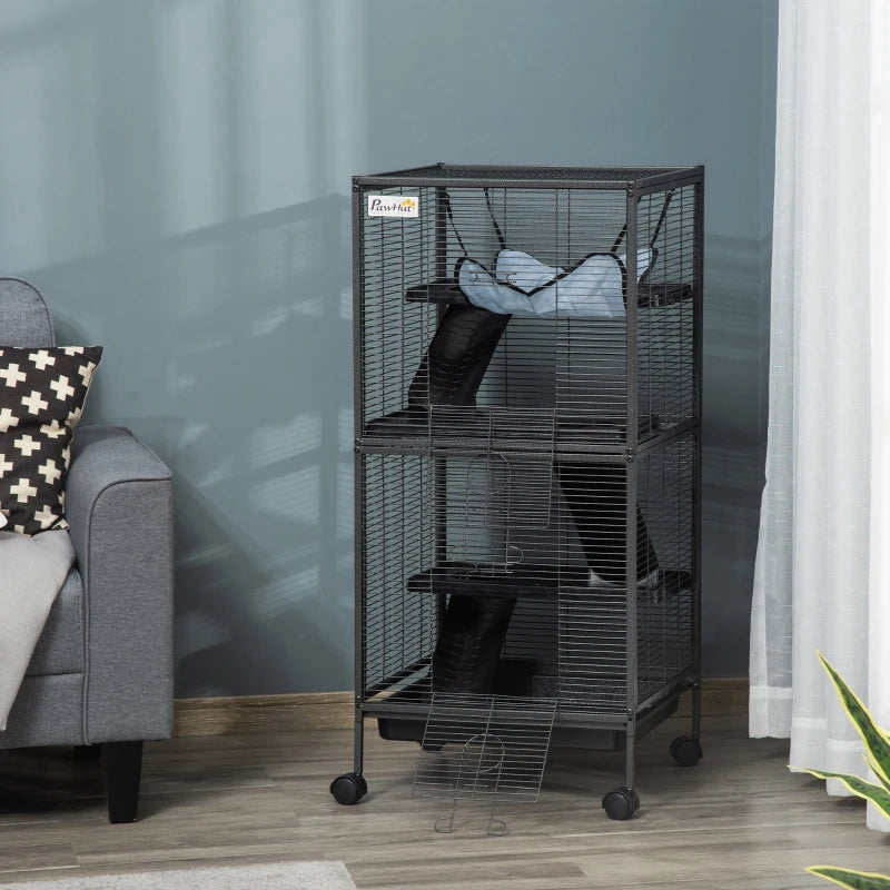 PawHut Metal Small Animal Cage Rolling Big Ferret Cage, Chinchilla Cage, Sugar Glider Cage, With Hammock & 4 Tiers, Removable