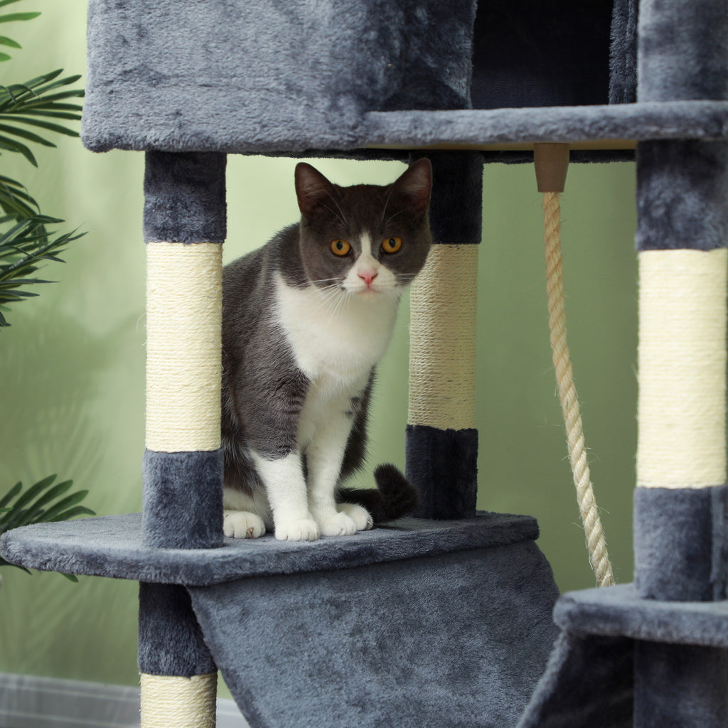  81" Cat Tree w/ Cat Scratching Posts, Scratching Board, Condos, Beds, Hammocks, Toy Balls, Rope Cat Toy, Gray — Cat Trees & 