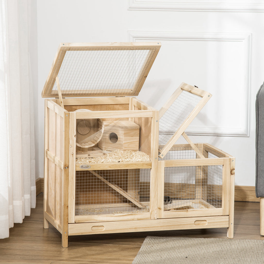  2-Tier Wooden Hamster Cage, Small Animals Hutch, w/ Seesaw, Tray — Hamster Cages | GetPawsy