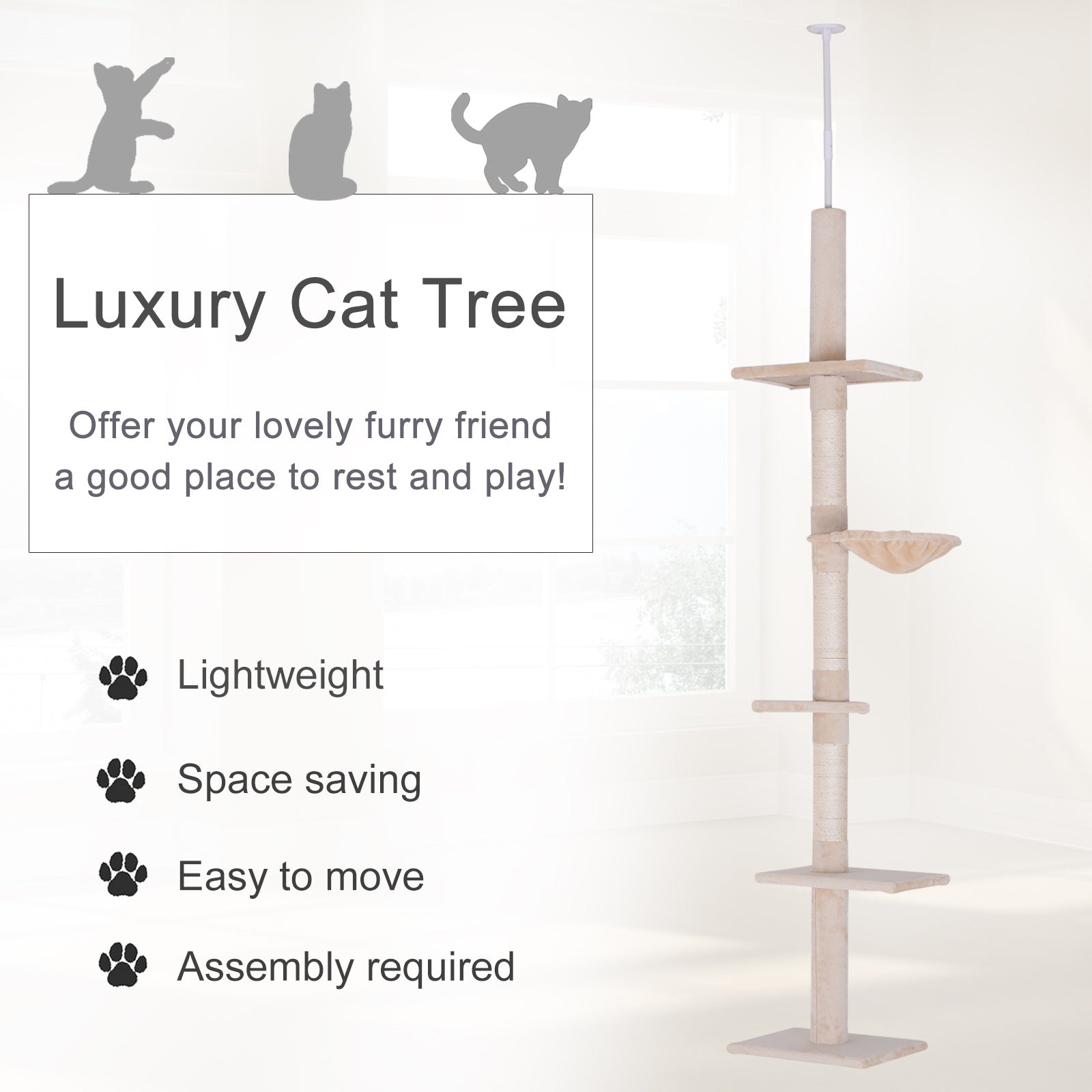  102" Adjustable Height Floor to Ceiling Cat Tree, 5 Level Cat Tower with Scratching Posts, Hammock, Beige — Cat Trees & Cond