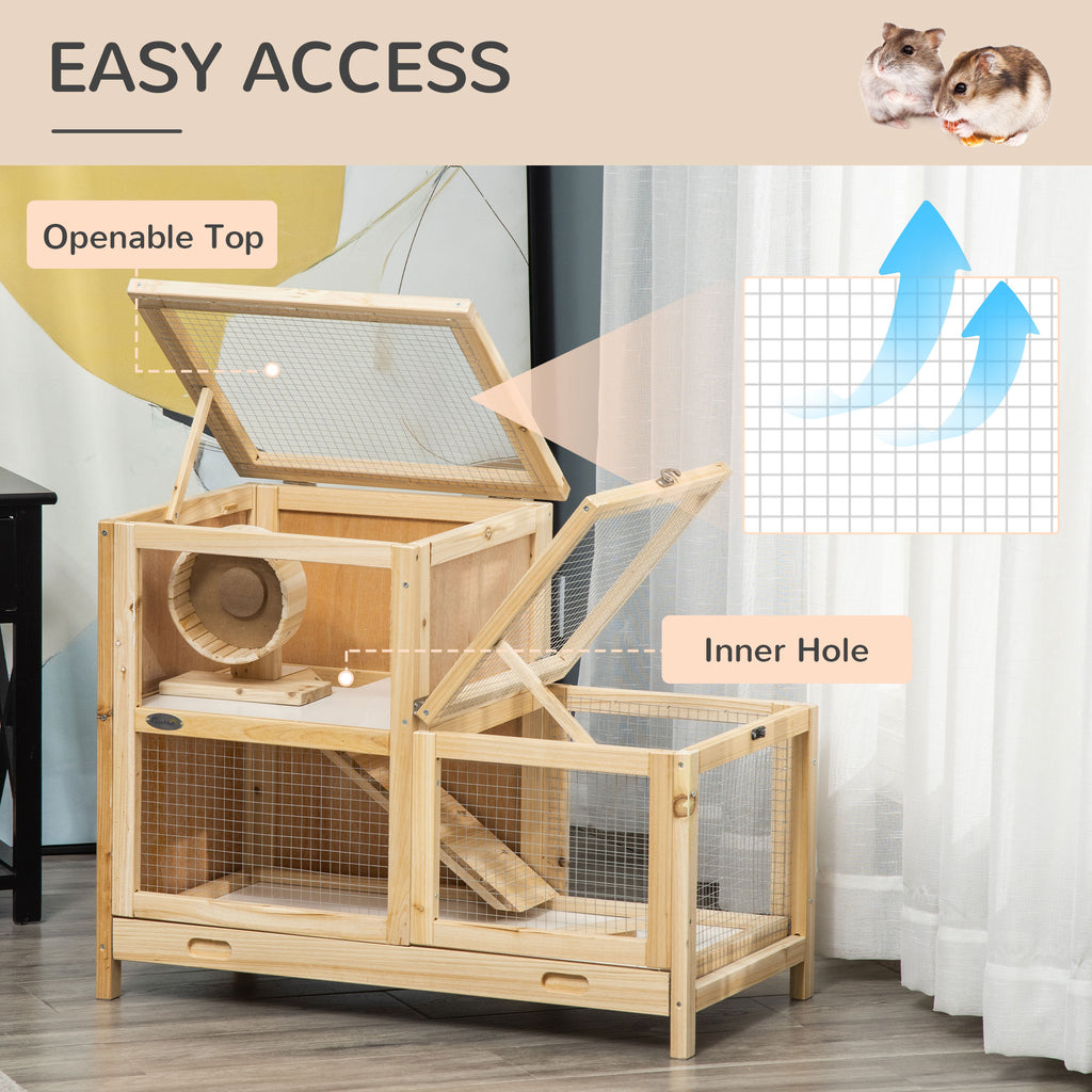  2-Tier Wooden Hamster Cage, Small Animals Hutch, w/ Seesaw, Tray — Hamster Cages | GetPawsy