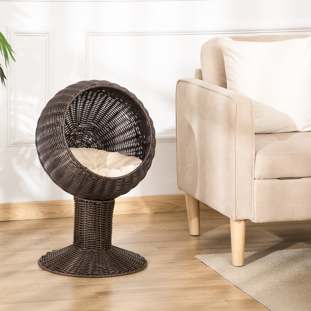  Elevated Cat Bed with Rotatable Egg Chair Pod, Cat Basket Bed with Thick Cushion, Natural Mat Grass Woven Kitty House, Coffe