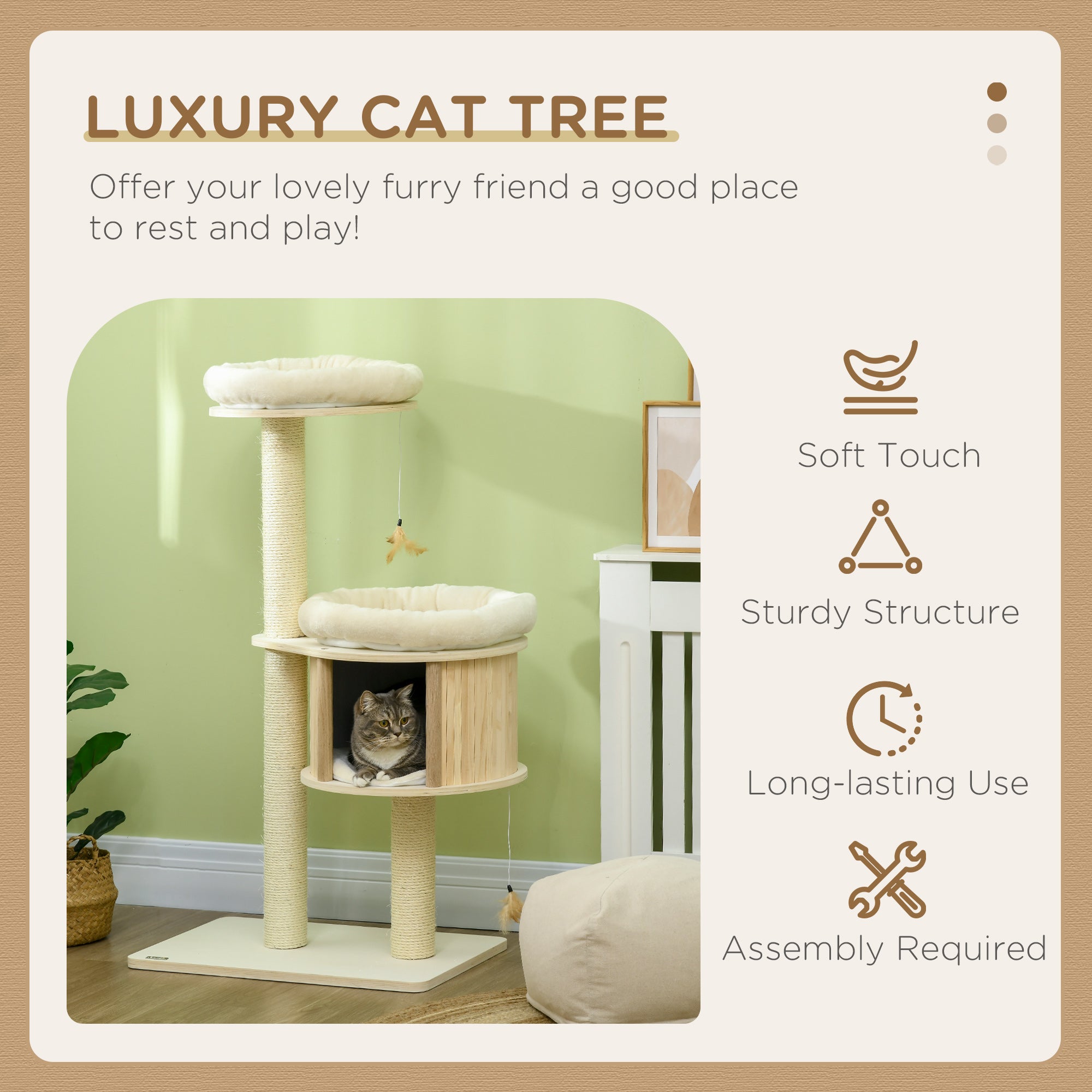  Cat Tree, 3 Level Cat Tower with Scratching Posts, Bed, Condo, Badminton Toys, for Multiple Kittens — Cat Trees & Condos | G