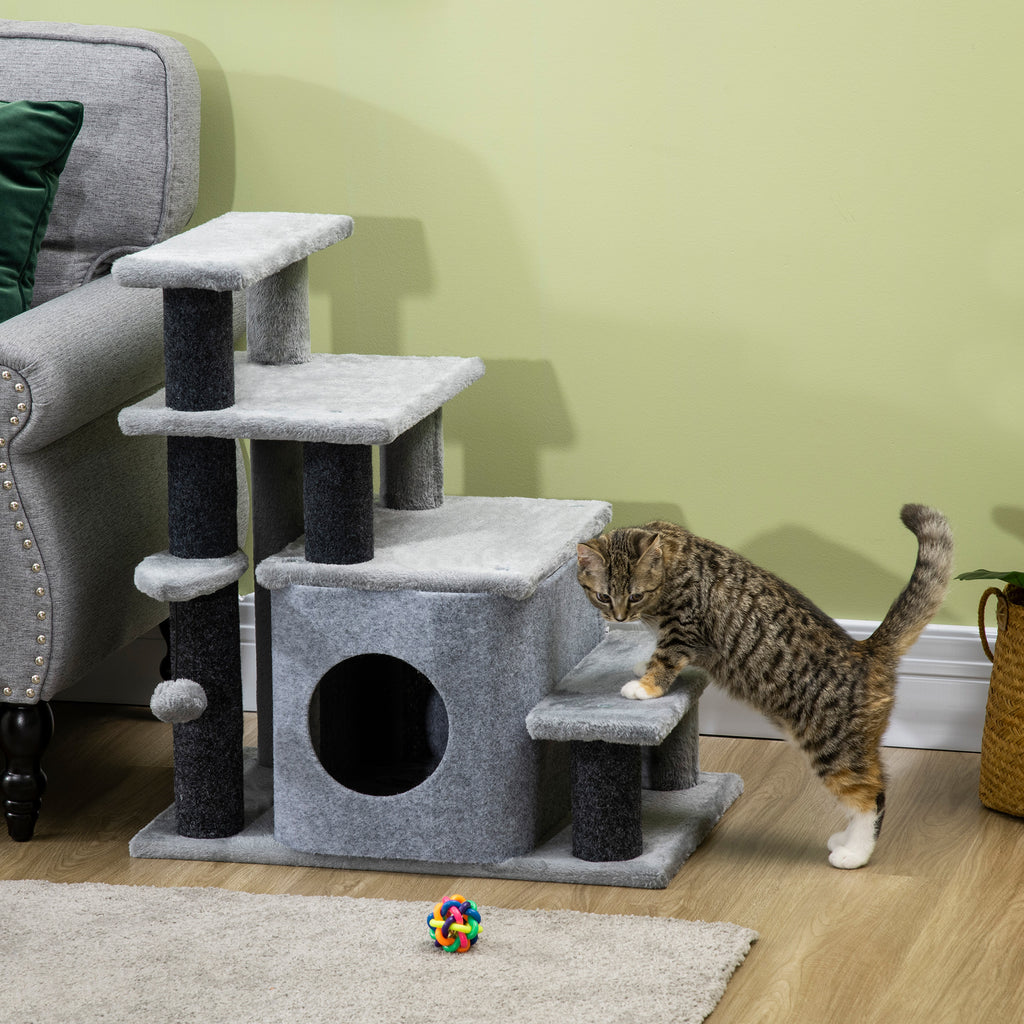  Adjustable Height 3 Step/4 Step Cat Stairs with Cat Scratching Post, Cat Condo, Toy Ball, for Bed, Sofa, Couch, Gray — Cat H