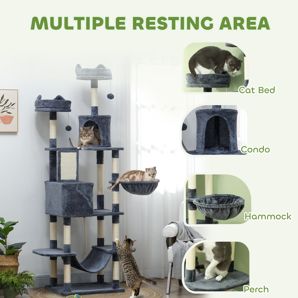  81" Cat Tree w/ Cat Scratching Posts, Scratching Board, Condos, Beds, Hammocks, Toy Balls, Rope Cat Toy, Gray — Cat Trees & 