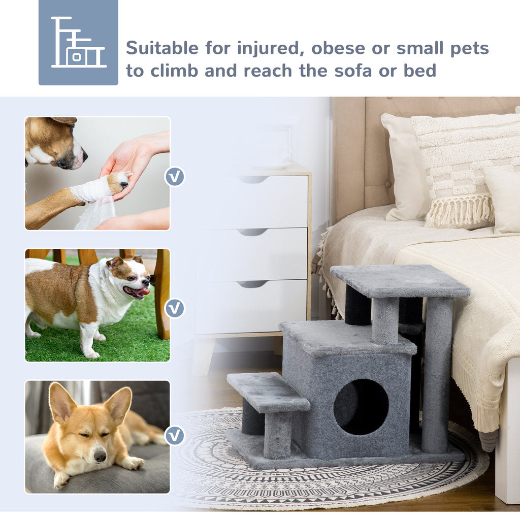  Adjustable Height 3 Step/4 Step Cat Stairs with Cat Scratching Post, Cat Condo, Toy Ball, for Bed, Sofa, Couch, Gray — Cat H