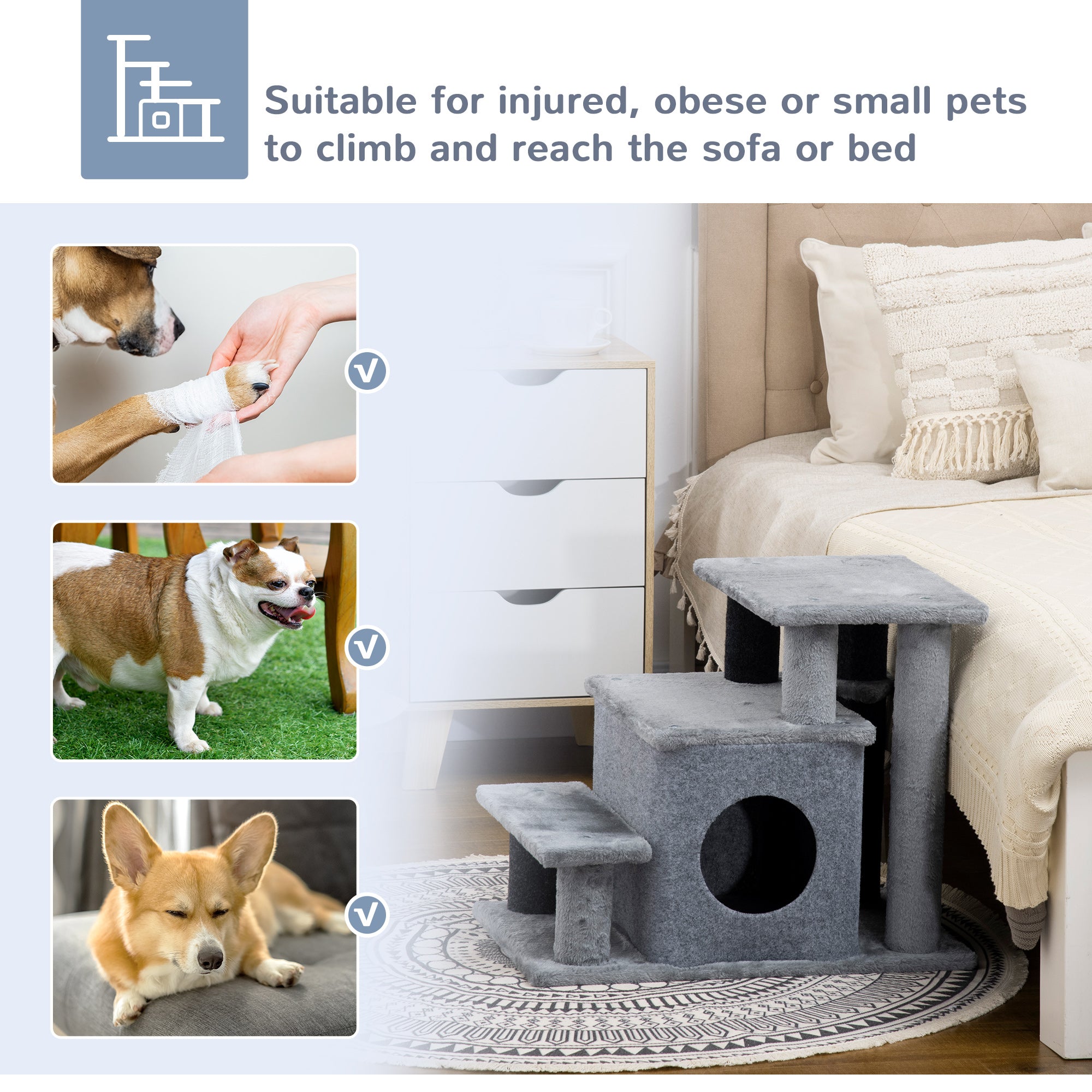  Adjustable Height 3 Step/4 Step Cat Stairs with Cat Scratching Post, Cat Condo, Toy Ball, for Bed, Sofa, Couch, Gray — Cat H