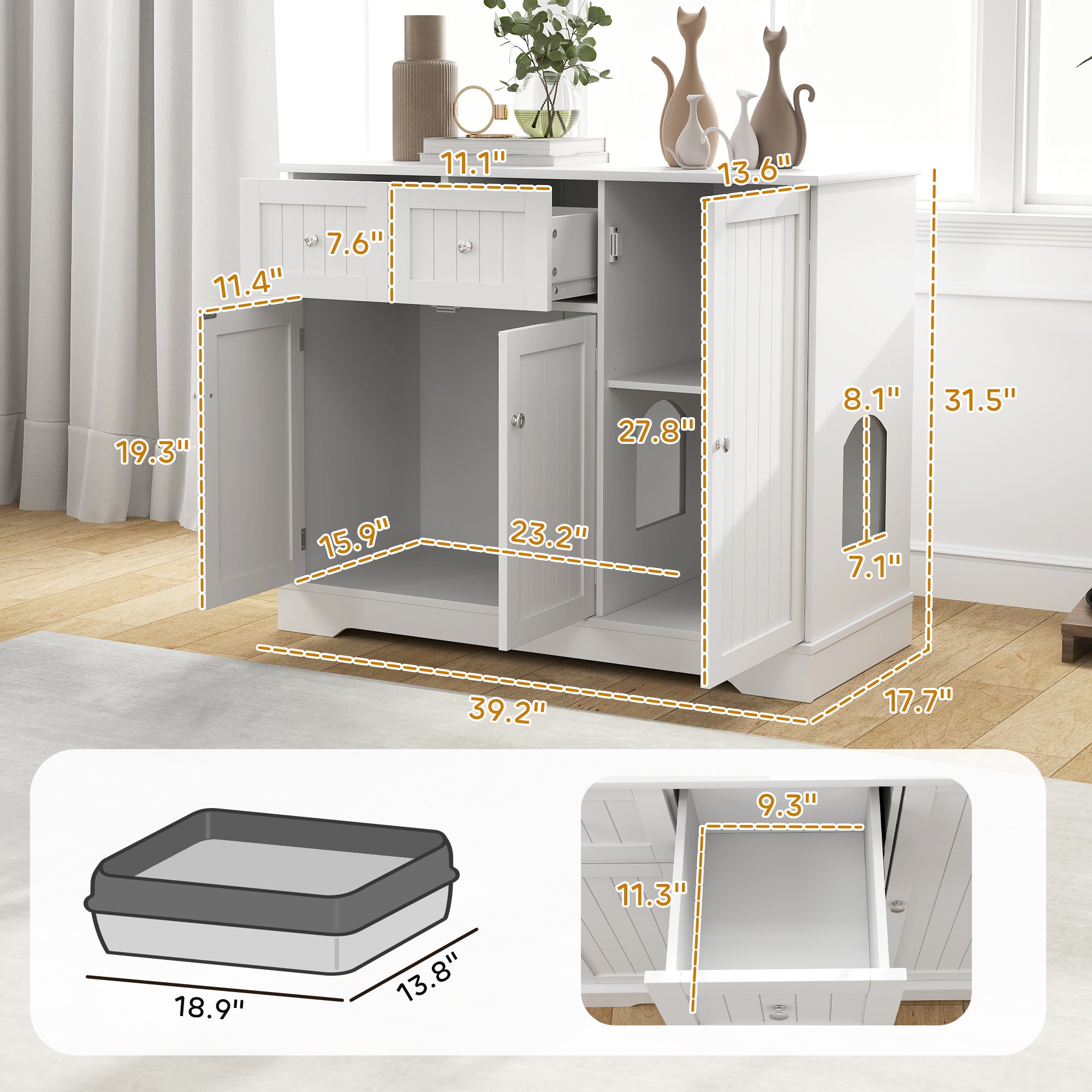  Cat Litter Box Enclosure with Drawers, Storage, Anti-tip Kit, 39" x 18" x 31.5", White — Cat Litter Boxes | GetPawsy