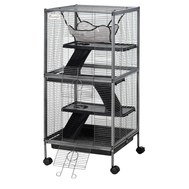 PawHut Metal Small Animal Cage Rolling Big Ferret Cage, Chinchilla Cage, Sugar Glider Cage, With Hammock & 4 Tiers, Removable