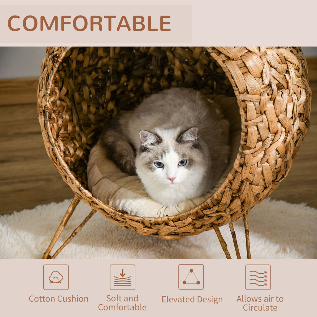  20.5" Weaved Cat Bed, Elevated Hand-woven Braided Banana Leaf Kitten House Condo with Cushion, Natural — Cat Beds | GetPawsy