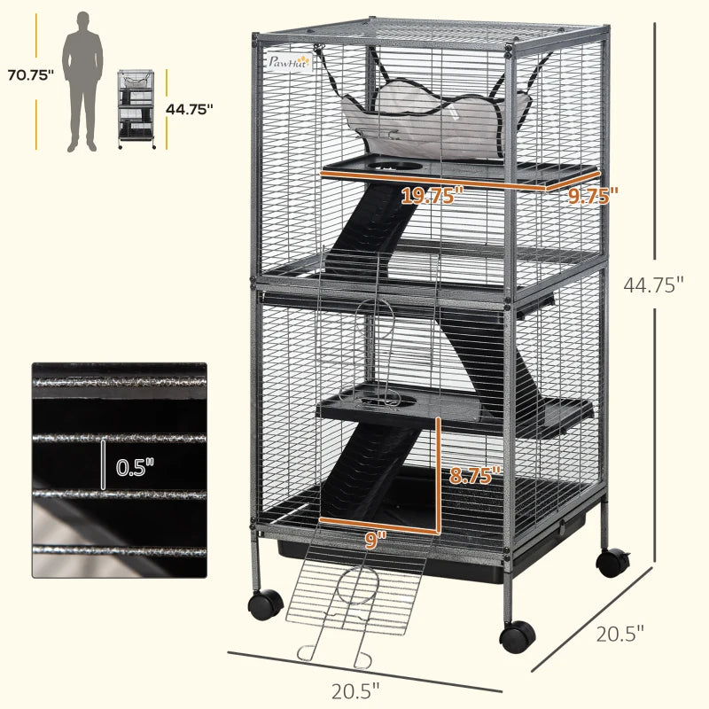 PawHut Metal Small Animal Cage Rolling Big Ferret Cage, Chinchilla Cage, Sugar Glider Cage, With Hammock & 4 Tiers, Removable