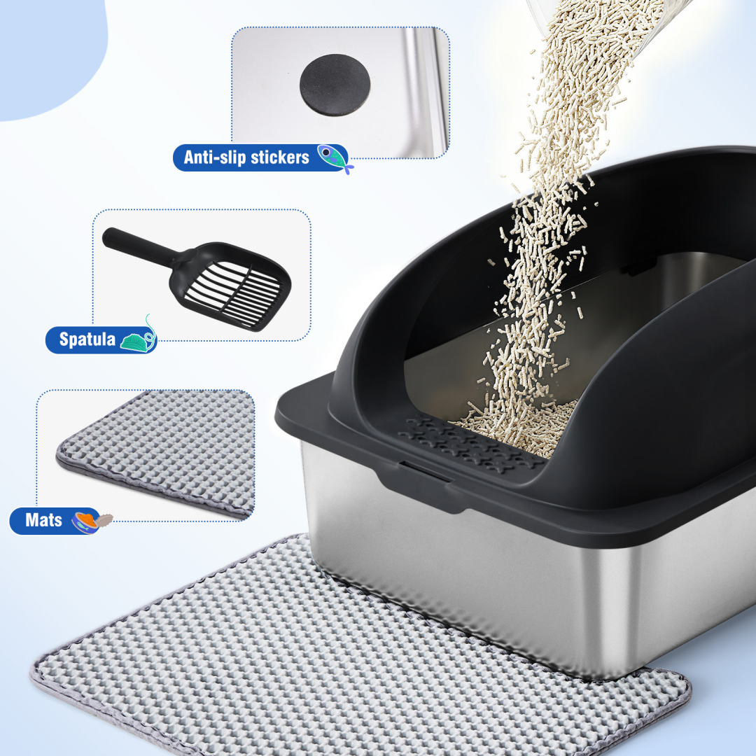 Stainless Steel Cat Litter Box With Lid, Large Cat Litter Box For Big Cats, Scoop And Mat Included — Cat Litter Boxes | GetPa