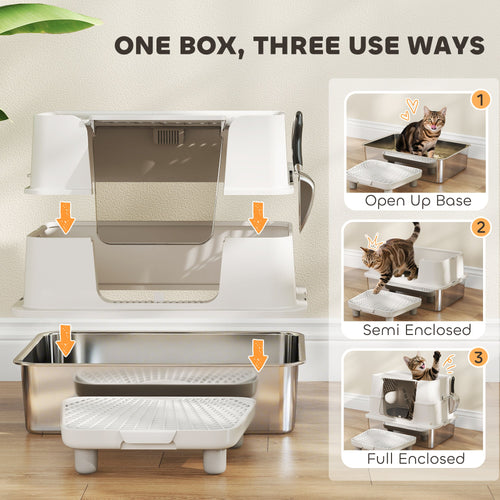 Ailurova XL enclosed cat litter box shown in three setups: open tray, semi-enclosed and fully enclosed